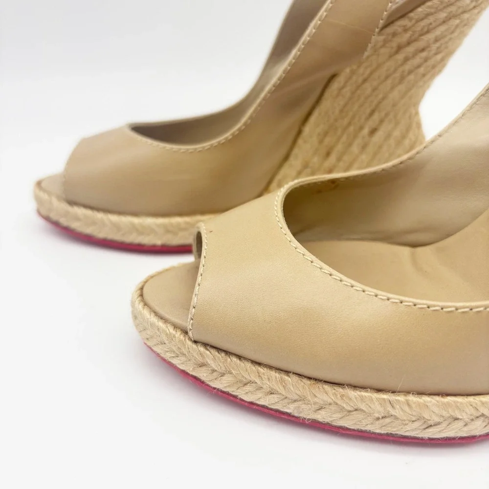 Christian Louboutin You Love Beige Leather Slingback Espadrille Wedges Size 36